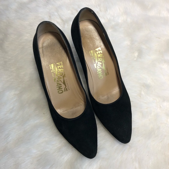 Ferragamo Suede Black Structured Heel Pumps - Picture 1 of 4